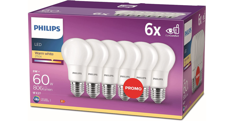 Ahorra hasta 96€ al año en tu factura de la luz con este pack de 6 bombillas de LED Philips de 8W por solo 11,72€.