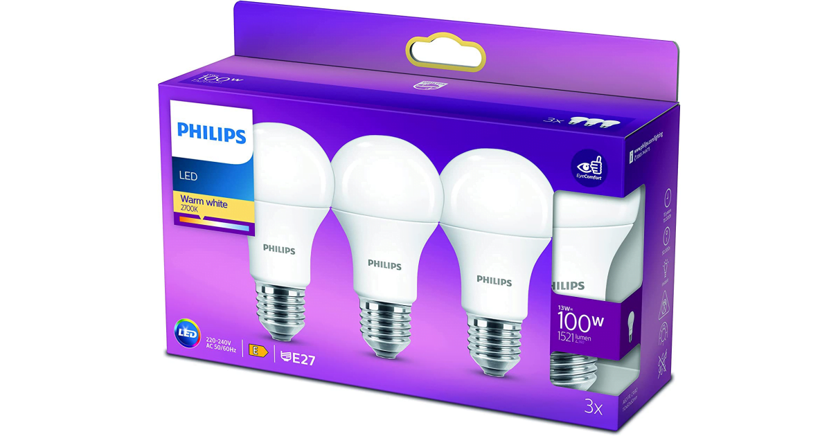 Pack de 3 bombillas Philips LED 13W baratas, ofertas en bombillas, bombillas de bajo consumo baratas