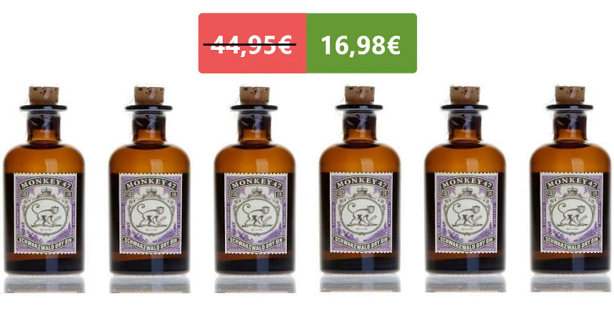 Pack de 6 mini botellas de ginebra Monkey 47 baratas, ofertas en supermercado