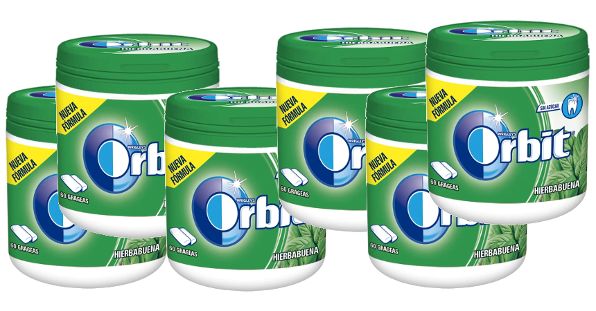 Pack de 6 botes de chicles Orbit de hiberbabuena barato, ofertas en supermercado