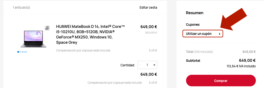 Código de descuento Huawei MateBook D 14