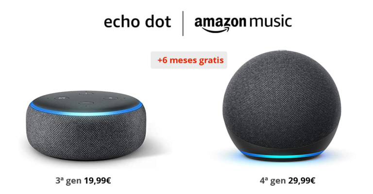 ¡Música a tope! Altavoz inteligente Amazon Echo Dot + 6 meses de Amazon Music Unlimited: 3ª gen. por 19,99 euros y 4ª gen. por 29,99 euros. 82% de descuento.