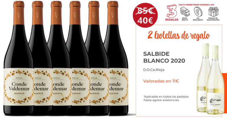Brinda con estilo: 6 botellas de vino Conde Valdemar Reserva 2015 solo 40 euros. De regalo: 2 botellas de Salbide Blanco 2020 + envío gratis + sacacorchos.