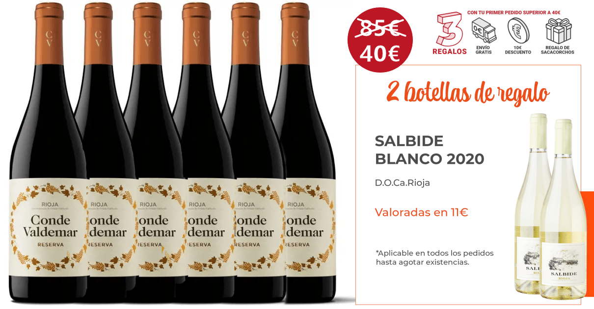 6 botellas de vino Conde Valdermar Reserva 2015 con regalos, bueno vino tinto barato, ofertas en vinos rioja