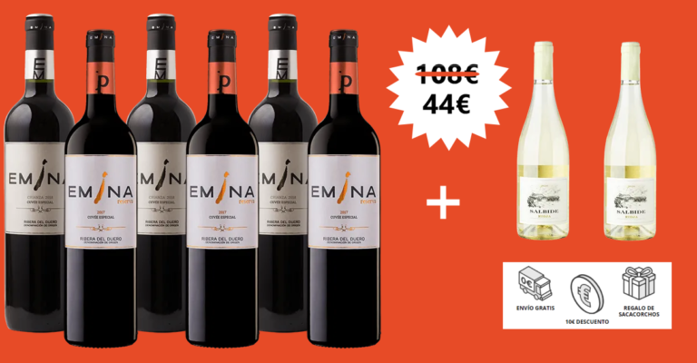 ¡Viva el vino! 6 botellas de DO Ribera del Duero Emina Cuvée Especial Crianza y Reserva + 2 botellas de Salbide Blanco + sacacorchos solo 44 euros.