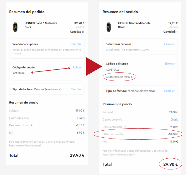 Uso del cupón descuento en Honor Band 6