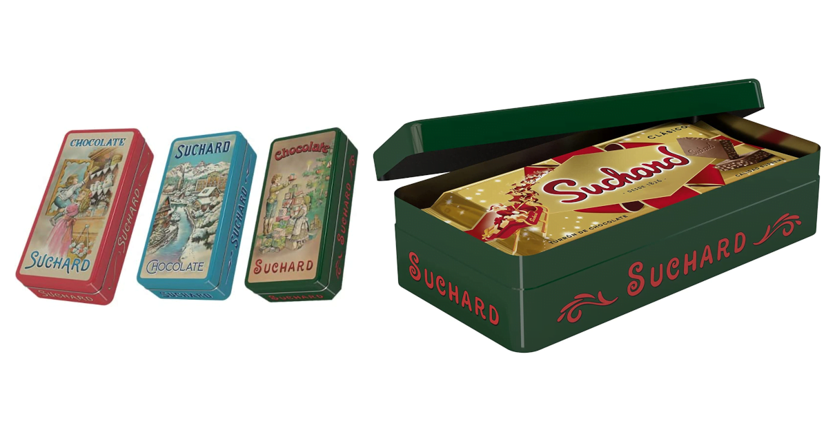 Caja metálica con dos tabletas de turrón de chocolate Suchard baratas, ofertas en supermercado