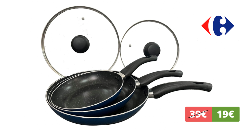 No las encontrarás más baratas: 3 sartenes Carrefour Home con 2 tapas de cristal solo 19,90€.