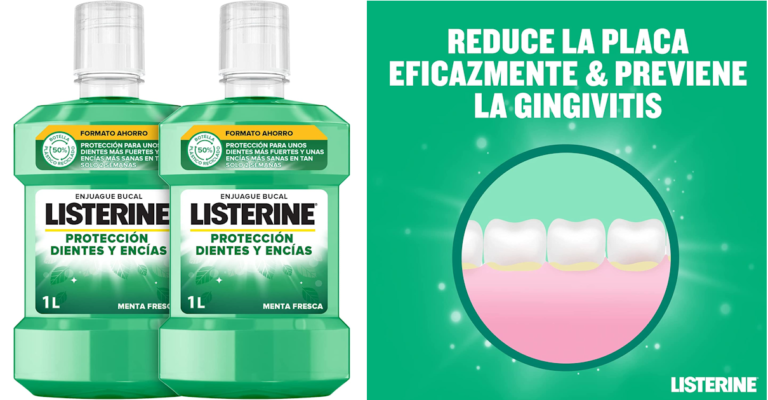 Llévate 2 por el precio de 1: pack de 2 enjuagues bucales Listerine dientes y encías de 1L solo 9,22€.